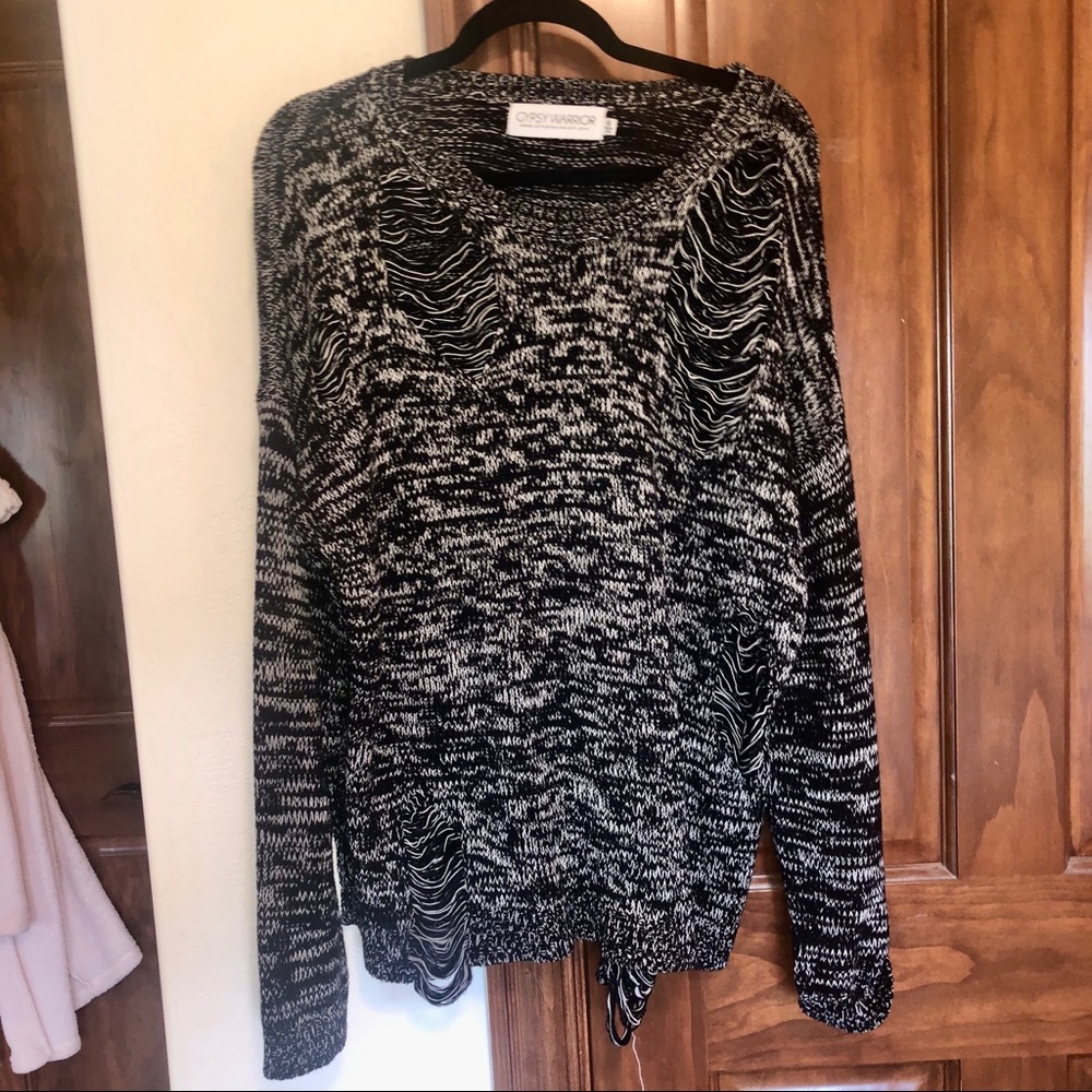 Gypsy Warrior Oversized Distressed Sweater B&W Med